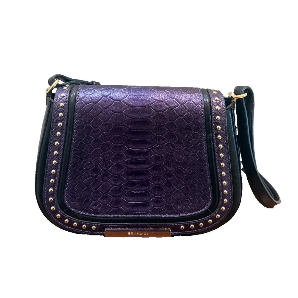 Brahmin Leather Crossbody Purse Iridescent Purple Exotic Textured Studded Flap
